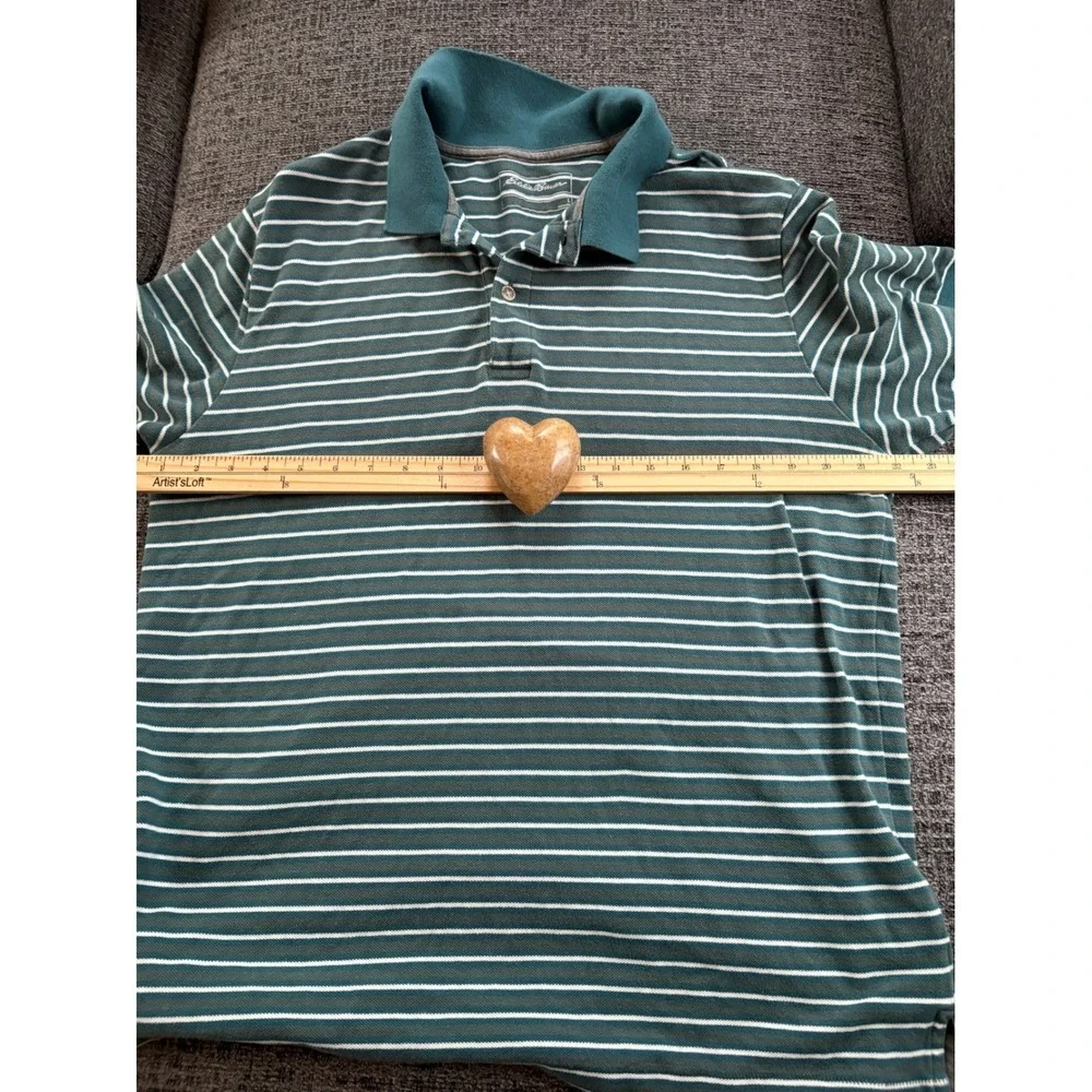 Eddie Bauer Mens Striped‎ Polo Shirt Teal White Short Sleeve Collared Size L
